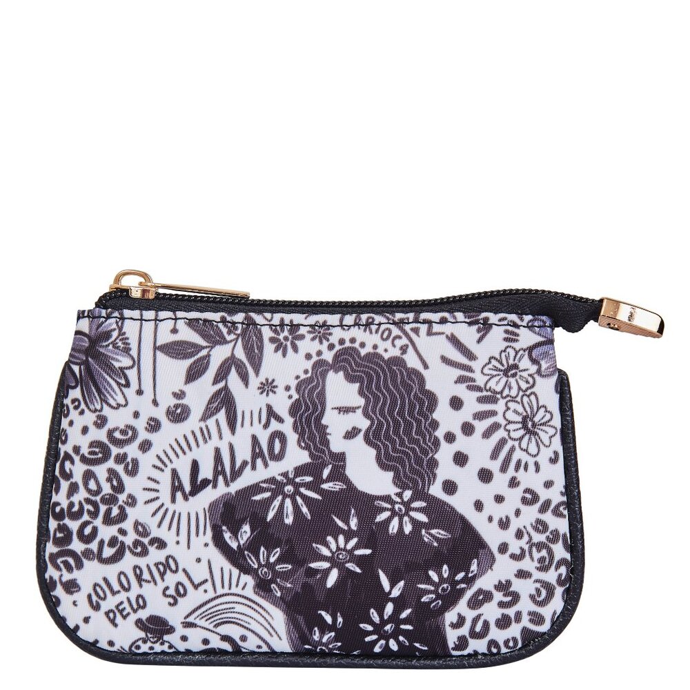 Sishka Women Black Printed Nylon with Leather Trim Travel Coin Pouch